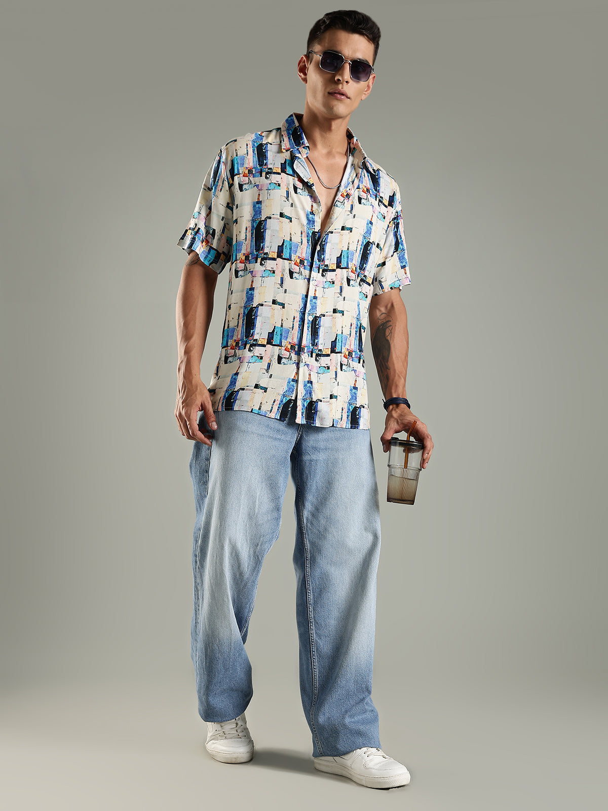 District Art Print Viscose Half Sleeves Relaxed Fit Shirt
