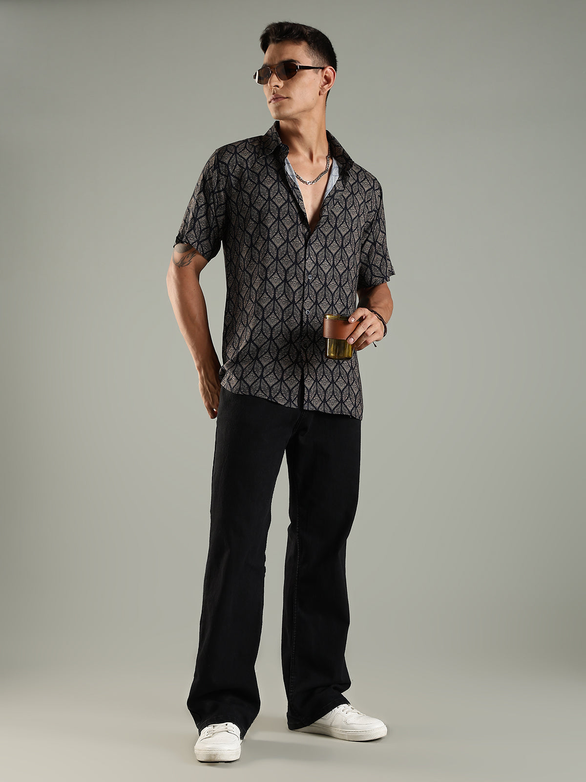 Geometric Muse Printed Shirt in Relaxed Fit with Half Sleeves