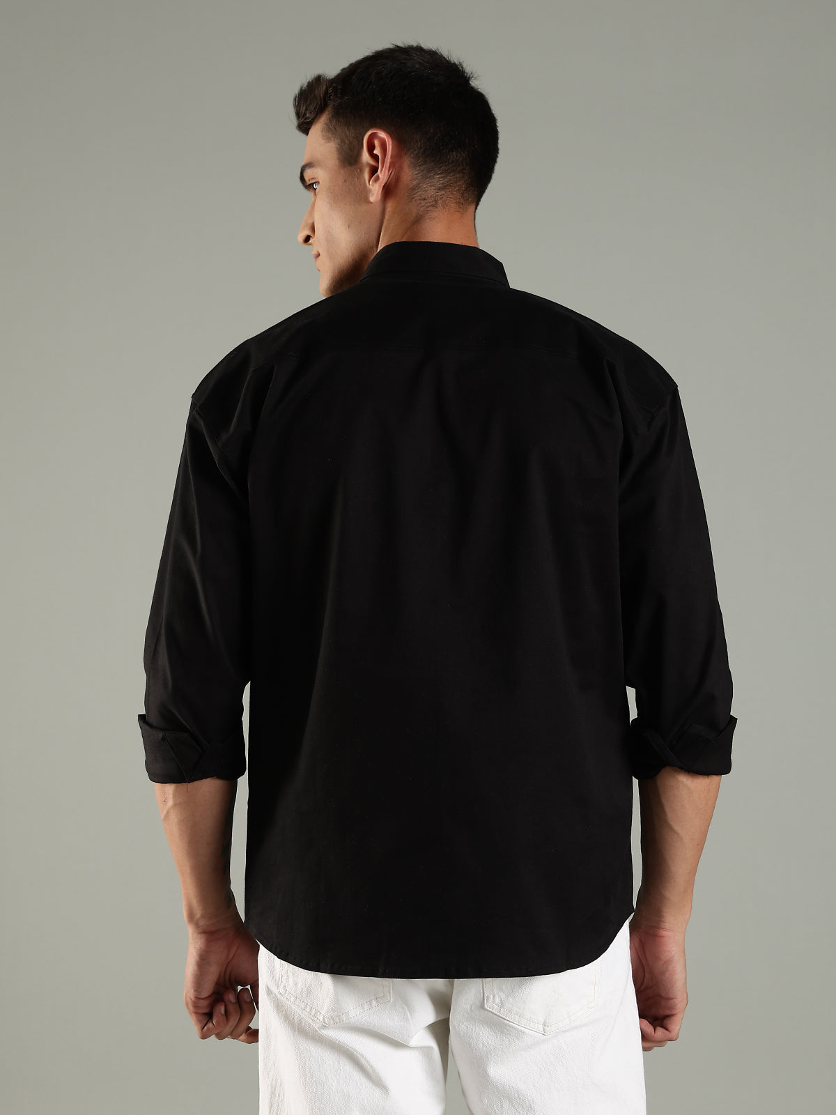 Black Drop Shoulder Double Pocket Utility Shirt Shacket