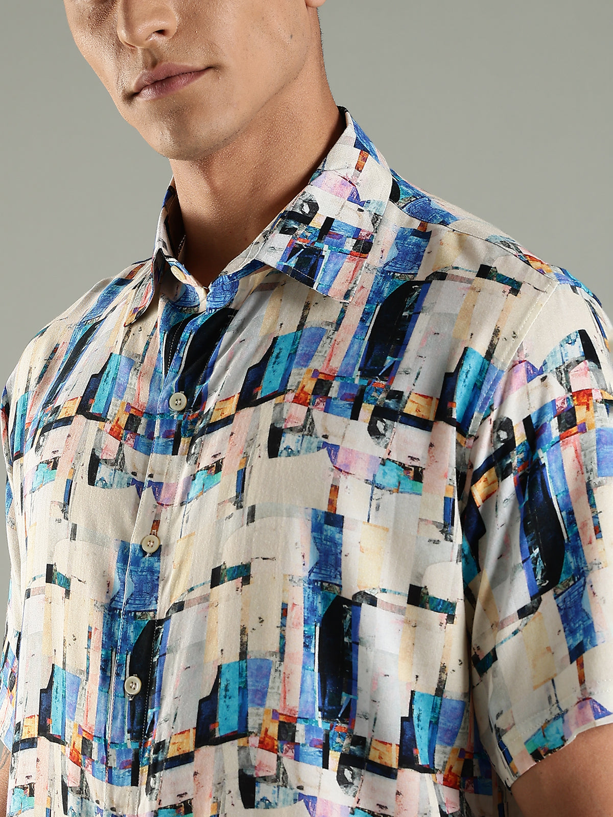 District Art Print Viscose Half Sleeves Relaxed Fit Shirt
