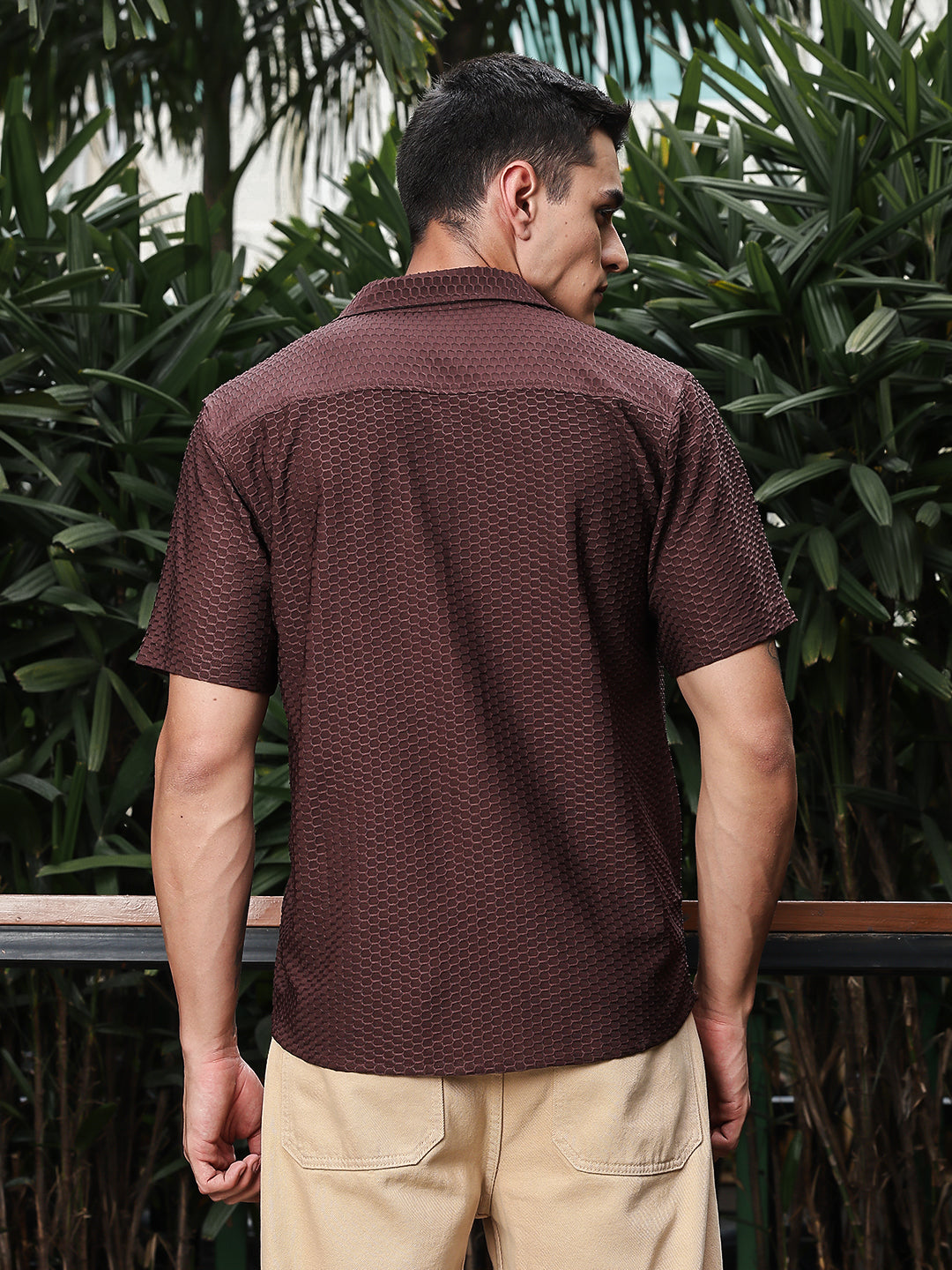 Chestnut Relaxed Fit Textured Half Sleeves Shirt