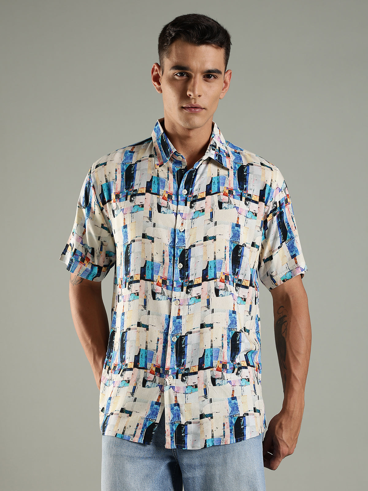 District Art Print Viscose Half Sleeves Relaxed Fit Shirt
