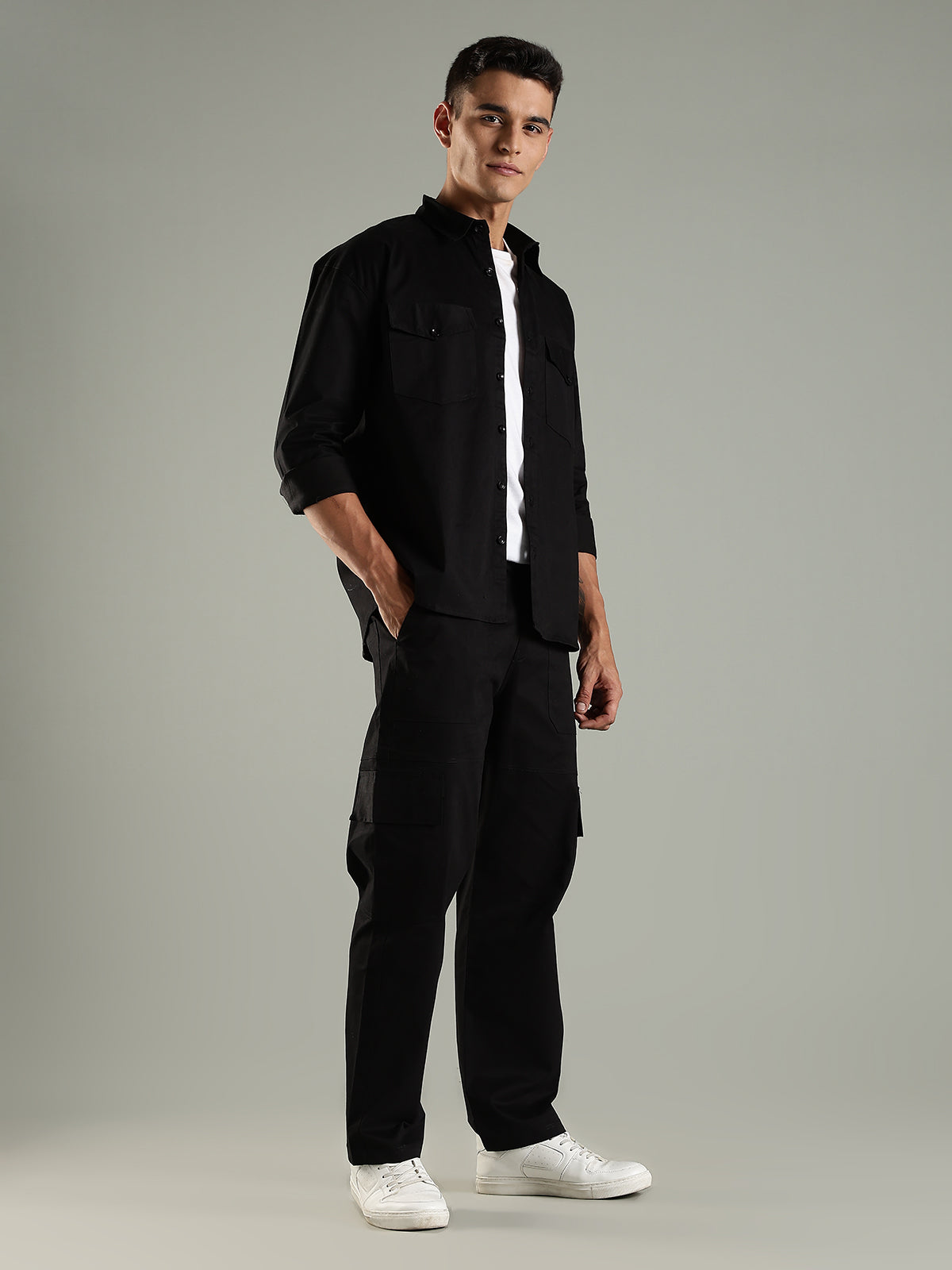 Utility Shirt Shacket & Straight Fit Cargo Pants Co-ord Set - Black