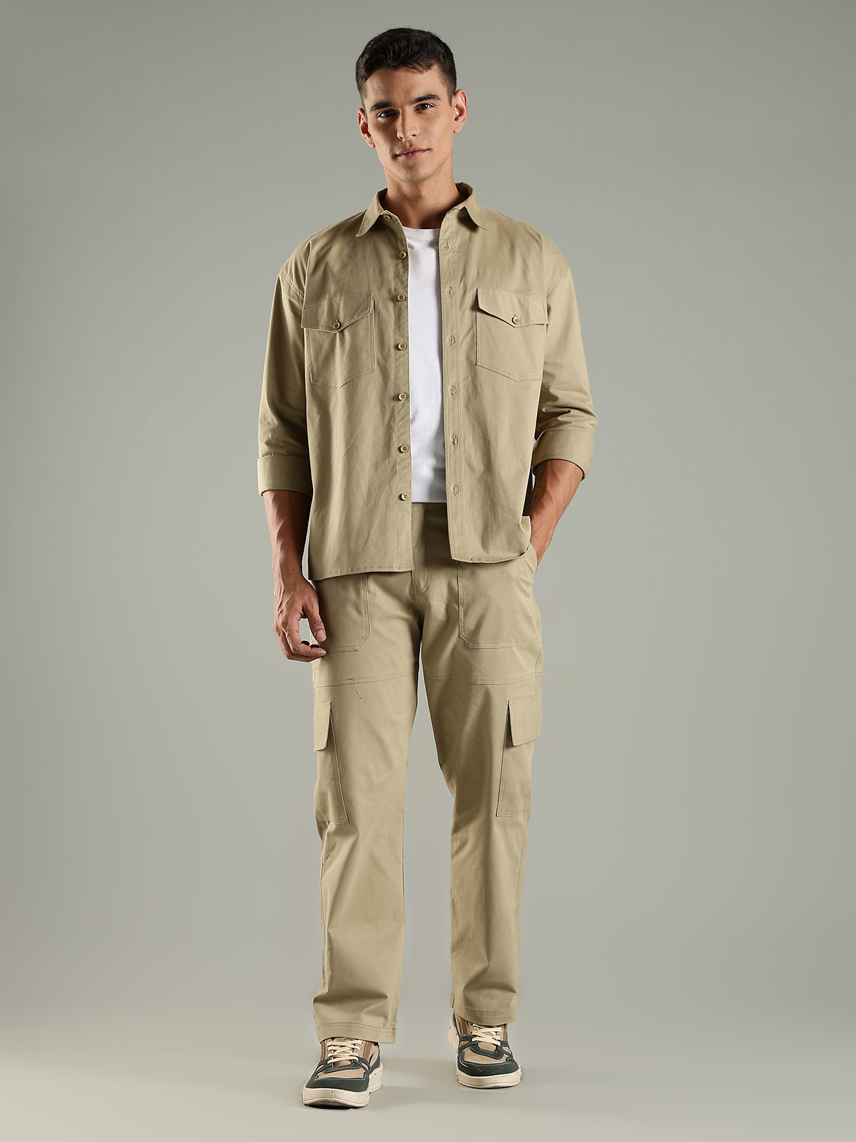 Utility Shirt Shacket & Straight Fit Cargo Pants Co-ord Set - Khaki