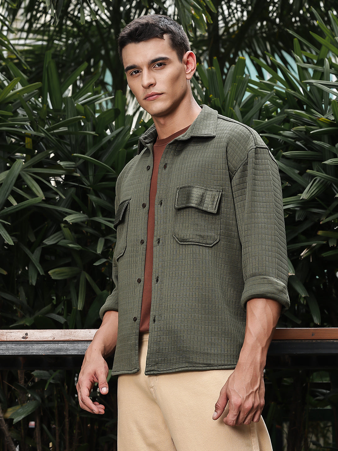 Textured Drop Shoulder Double Pocket Utility Shirt Shacket
