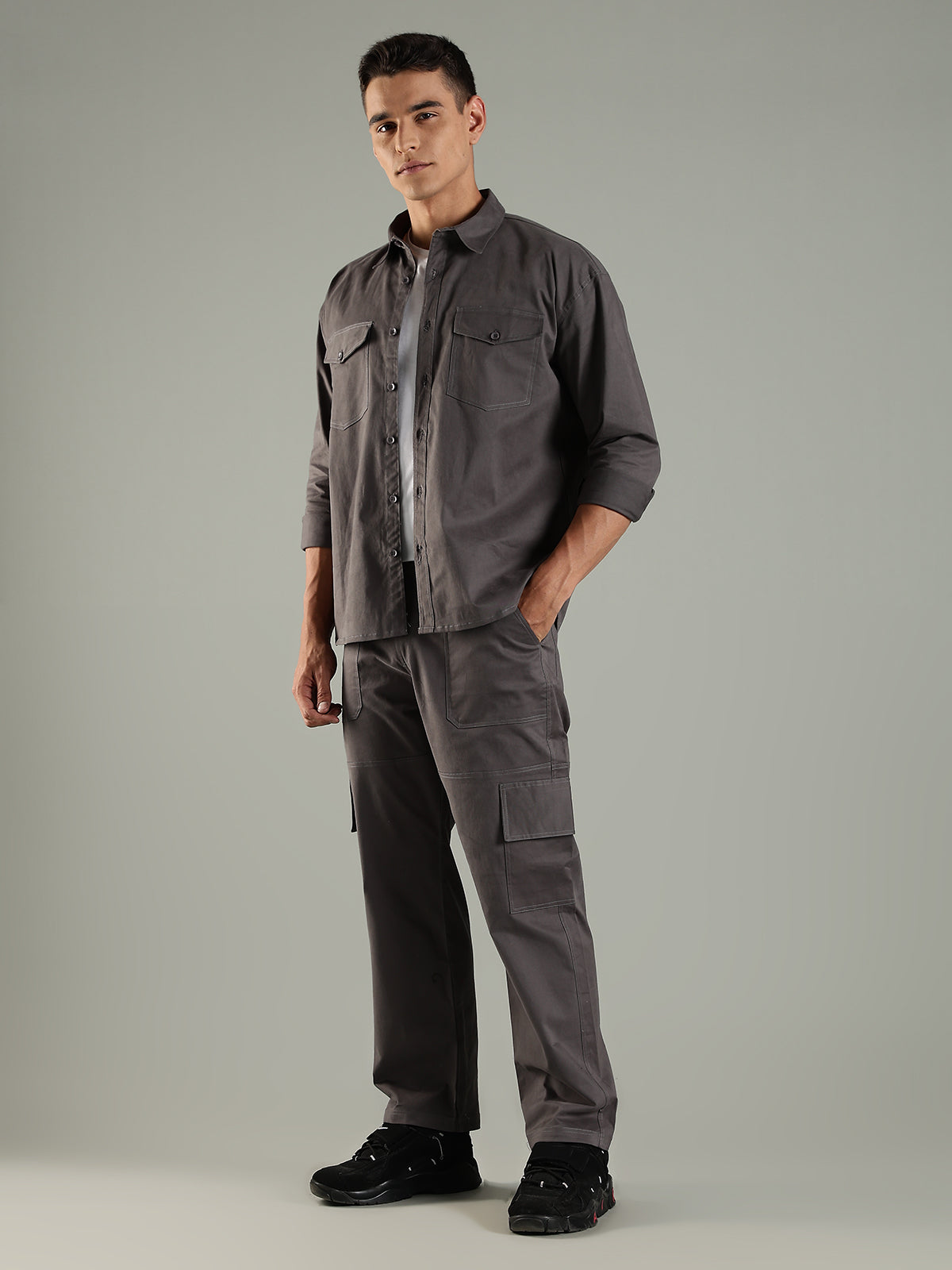 Utility Shirt Shacket & Straight Fit Cargo Pants Co-ord Set - Charcoal