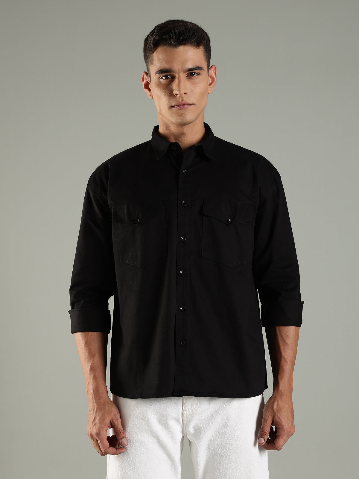 Black Drop Shoulder Double Pocket Utility Shirt Shacket