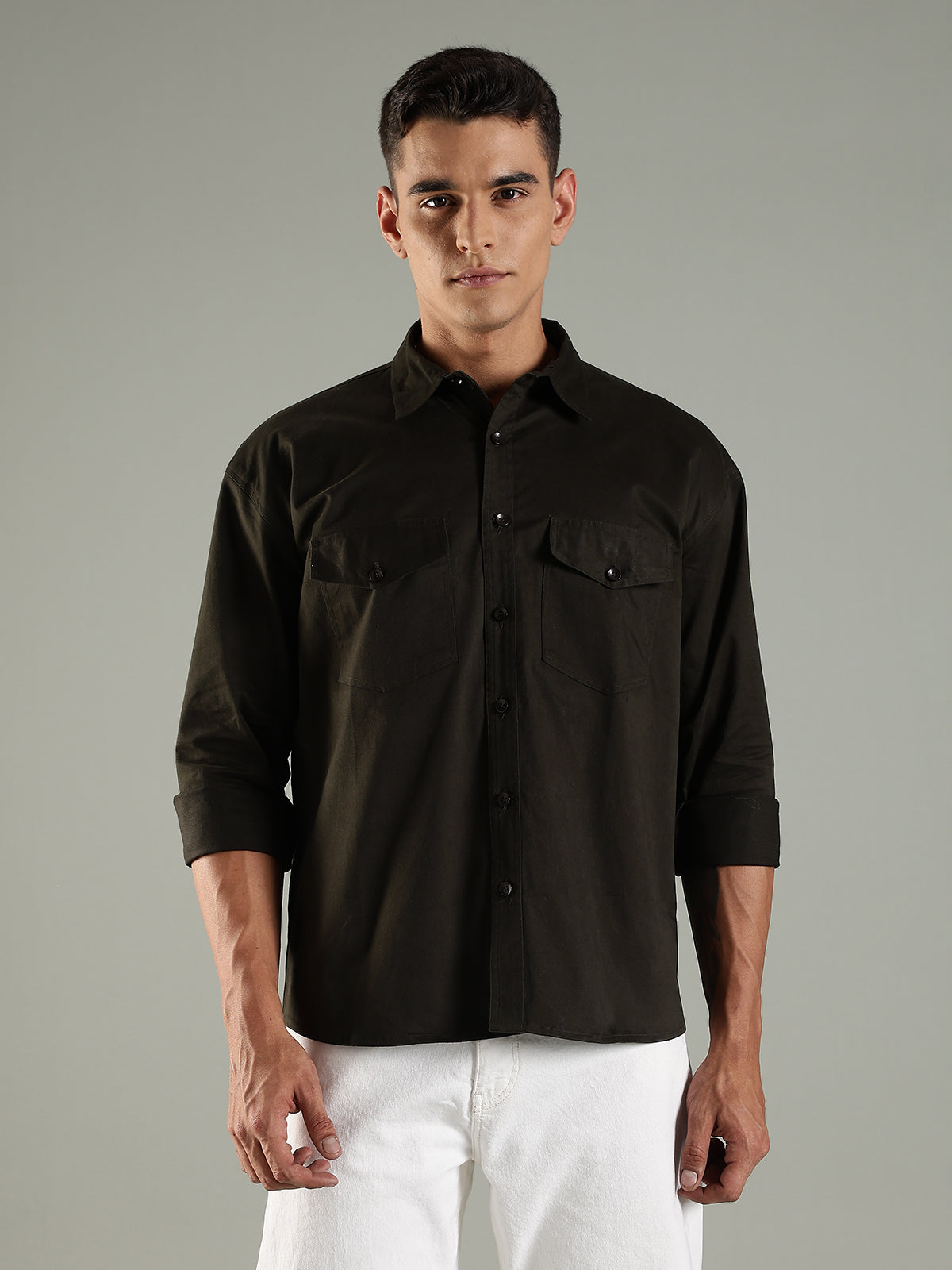 Olive Drop Shoulder Twin Pocket Utility Shirt Shacket