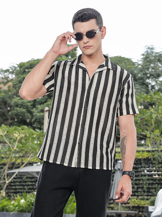 Crochet Stripe Half Sleeve Shirt