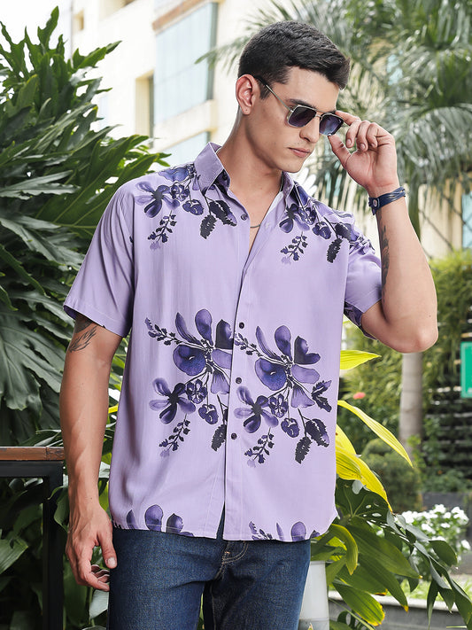 Lavender Print Relaxed Fit Half Sleeves Shirt