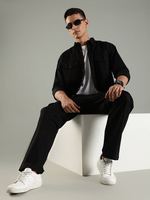 Utility Shirt Shacket & Straight Fit Cargo Pants Co-ord Set - Black
