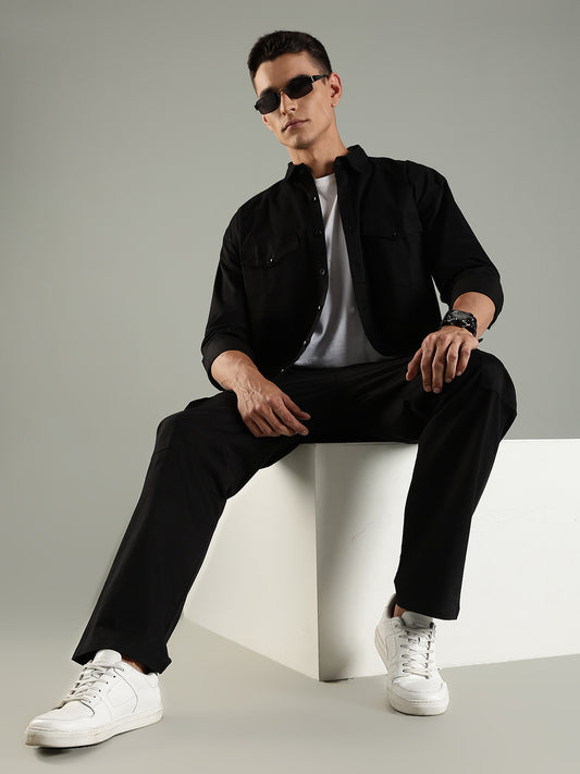 Utility Shirt Shacket & Straight Fit Cargo Pants Co-ord Set - Black