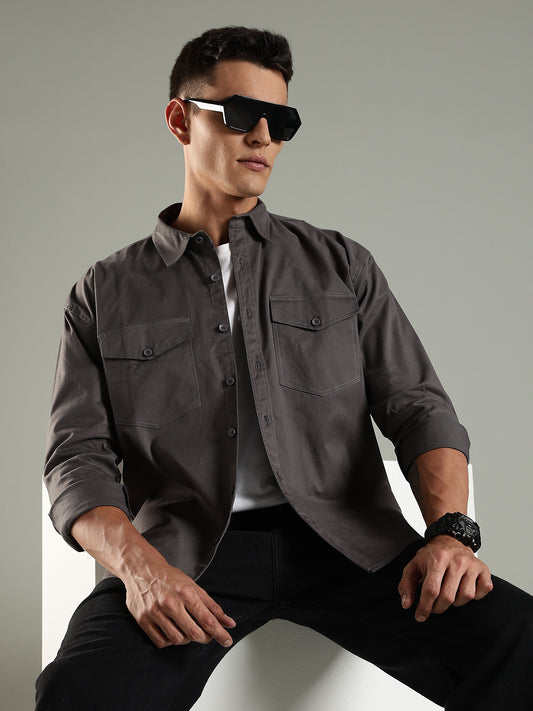 Charcoal Drop Shoulder Double Pocket Utility Shirt Shacket
