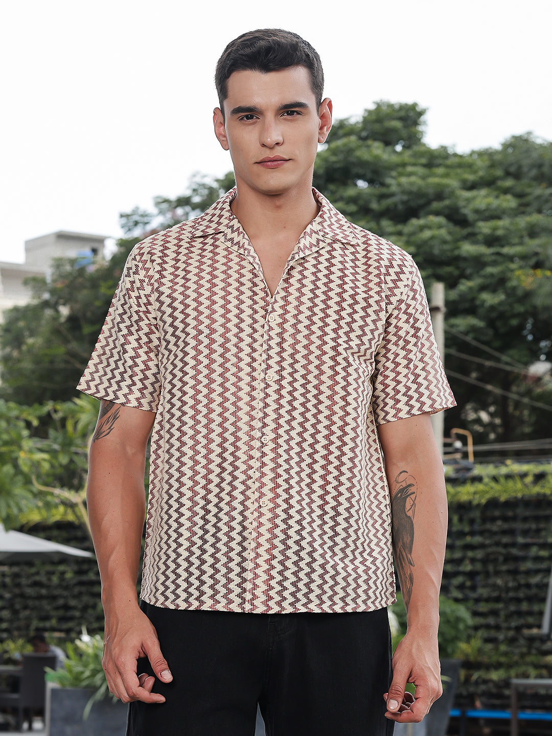 Retro Rust Zigzag Crochet Half Sleeve Shirt