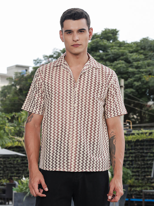 Retro Rust Zigzag Crochet Half Sleeve Shirt