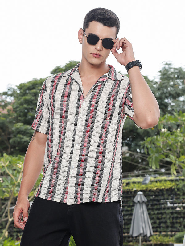 Textured Vertical Weave Relaxed Half Sleeves Shirt