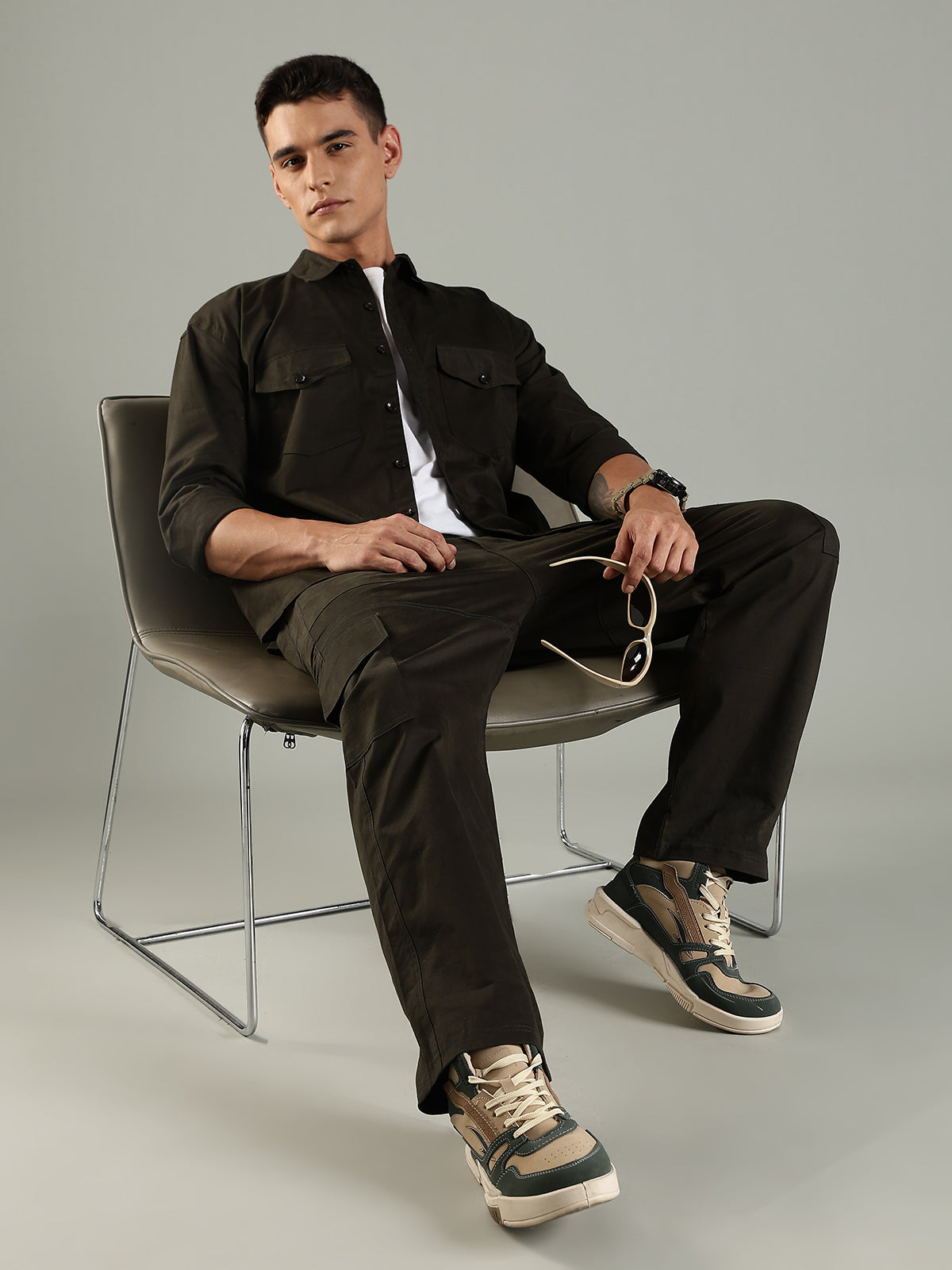 Utility Shirt Shacket & Straight Fit Cargo Pants Co-ord Set - Olive