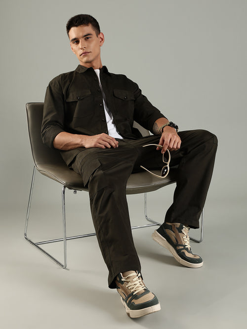 Utility Shirt Shacket & Straight Fit Cargo Pants Co-ord Set - Olive