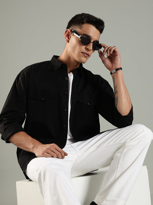 Black Drop Shoulder Double Pocket Utility Shirt Shacket