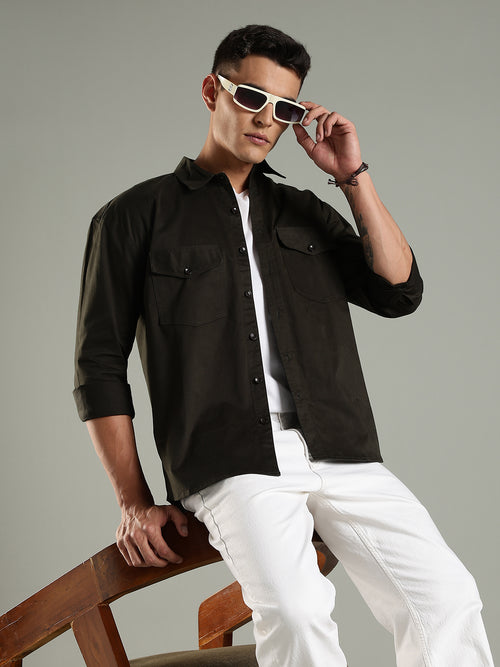 Olive Drop Shoulder Twin Pocket Utility Shirt Shacket