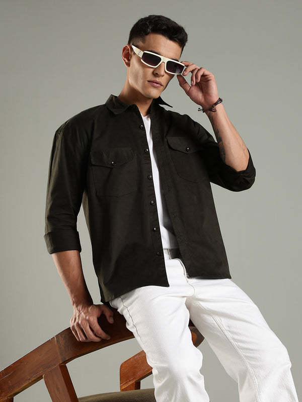 Olive Drop Shoulder Twin Pocket Utility Shirt Shacket