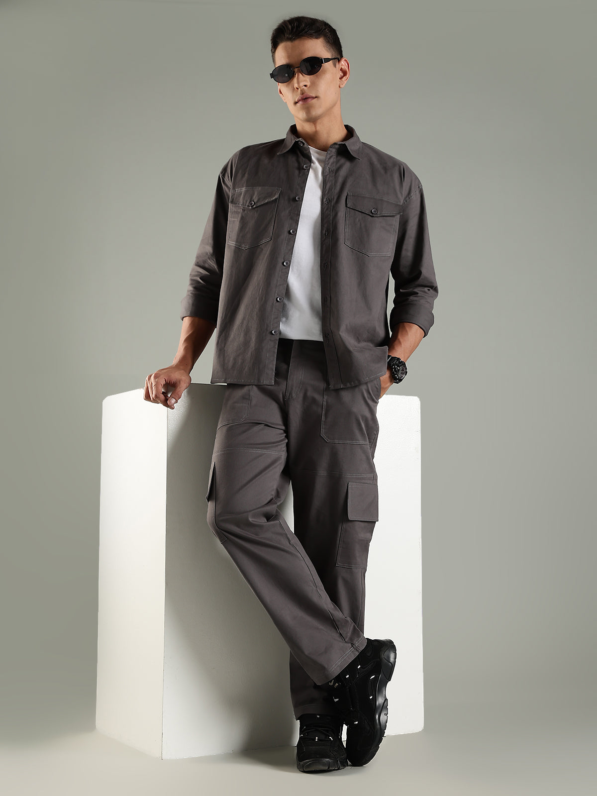 Utility Shirt Shacket & Straight Fit Cargo Pants Co-ord Set - Charcoal