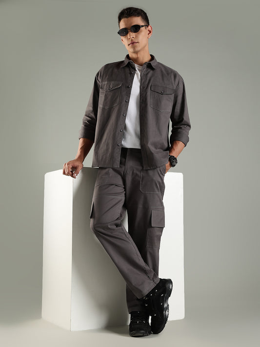 Utility Shirt Shacket & Straight Fit Cargo Pants Co-ord Set - Charcoal