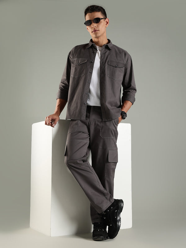 Utility Shirt Shacket & Straight Fit Cargo Pants Co-ord Set - Charcoal