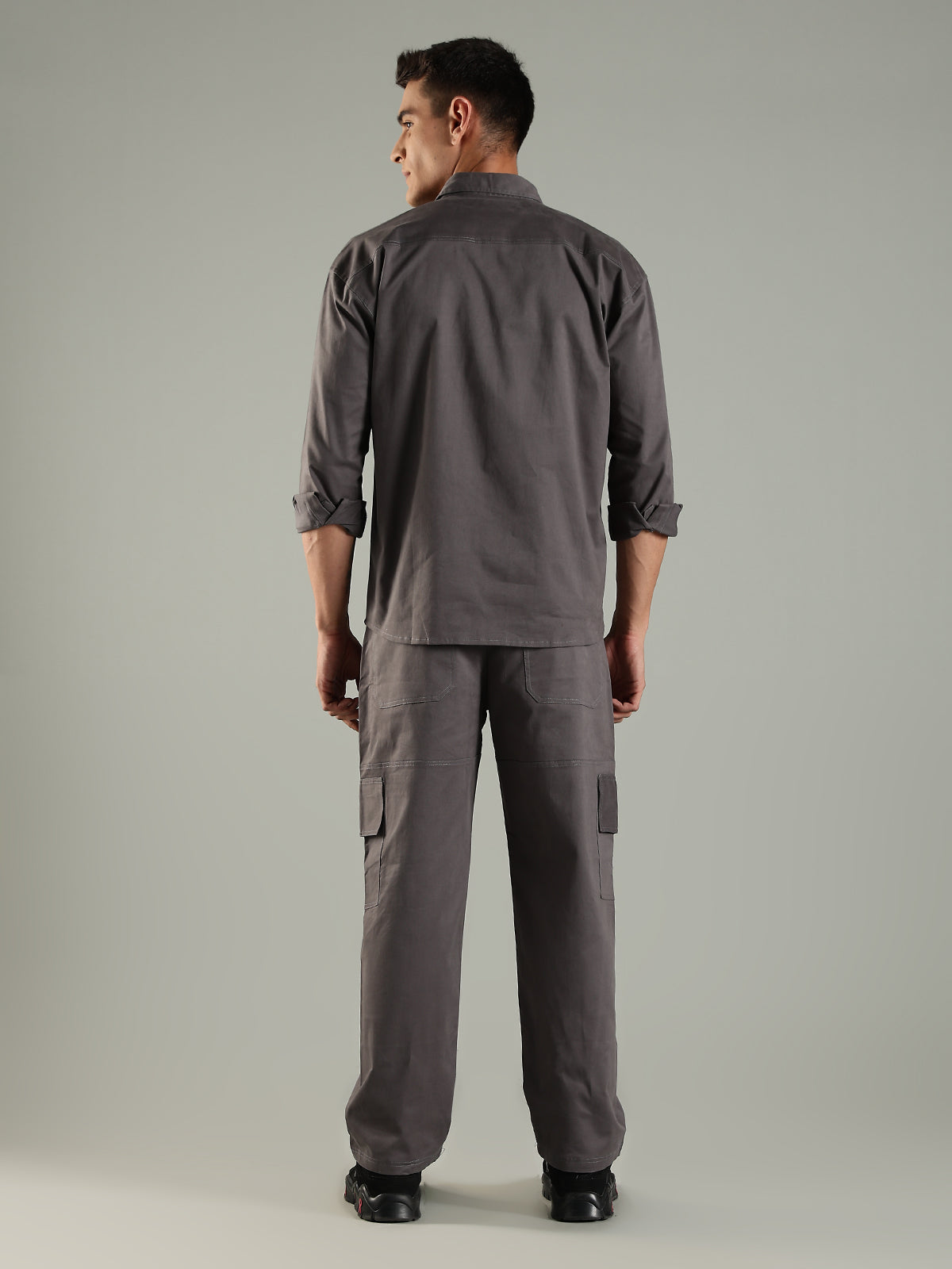 Utility Shirt Shacket & Straight Fit Cargo Pants Co-ord Set - Charcoal