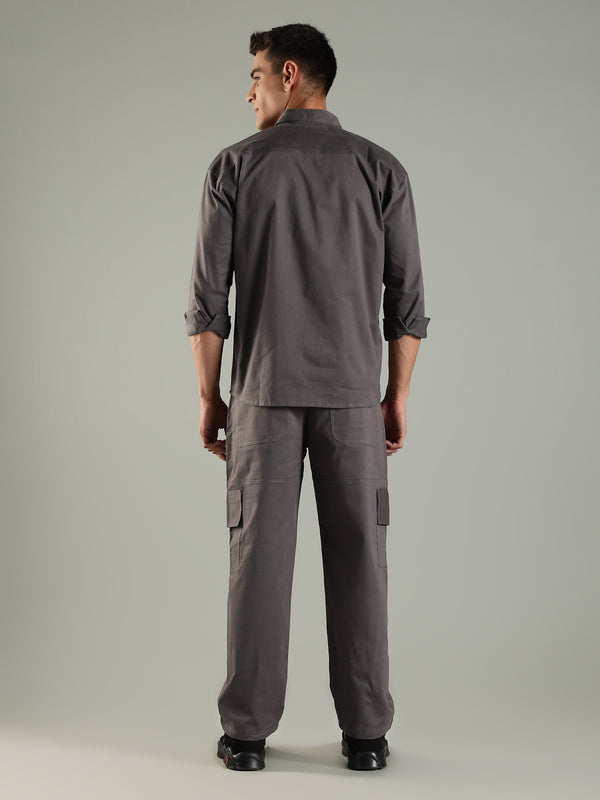 Utility Shirt Shacket & Straight Fit Cargo Pants Co-ord Set - Charcoal