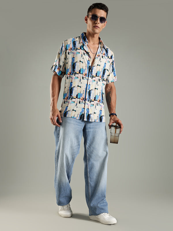 District Art Print Viscose Half Sleeves Relaxed Fit Shirt