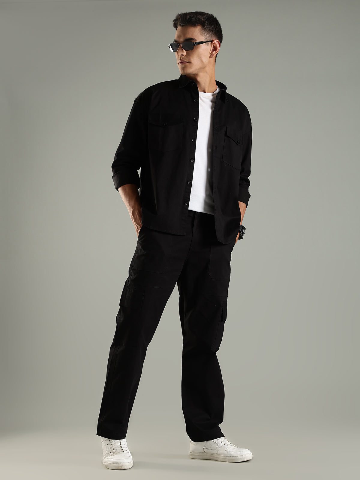Utility Shirt Shacket & Straight Fit Cargo Pants Co-ord Set - Black