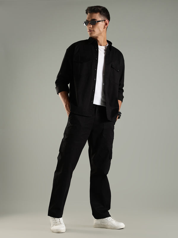 Utility Shirt Shacket & Straight Fit Cargo Pants Co-ord Set - Black