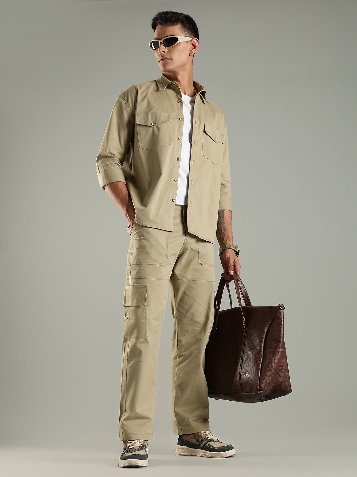 Utility Shirt Shacket & Straight Fit Cargo Pants Co-ord Set - Khaki