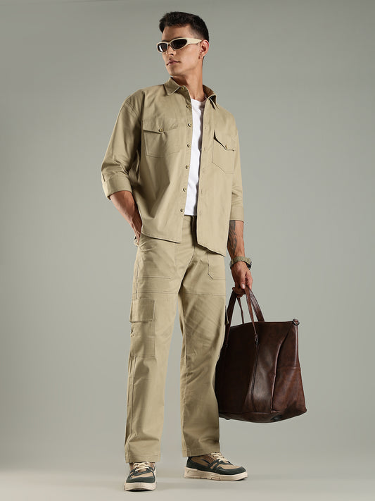 Utility Shirt Shacket & Straight Fit Cargo Pants Co-ord Set - Khaki