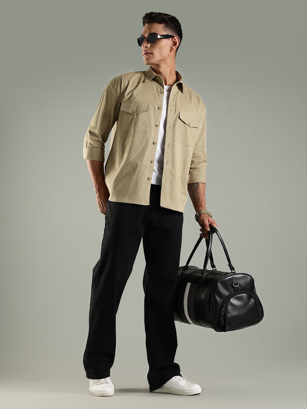 Khaki Drop Shoulder Twin Pocket Utility Shirt Shacket