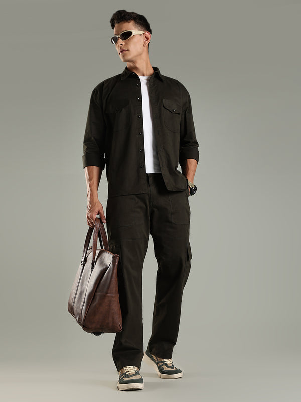 Utility Shirt Shacket & Straight Fit Cargo Pants Co-ord Set - Olive