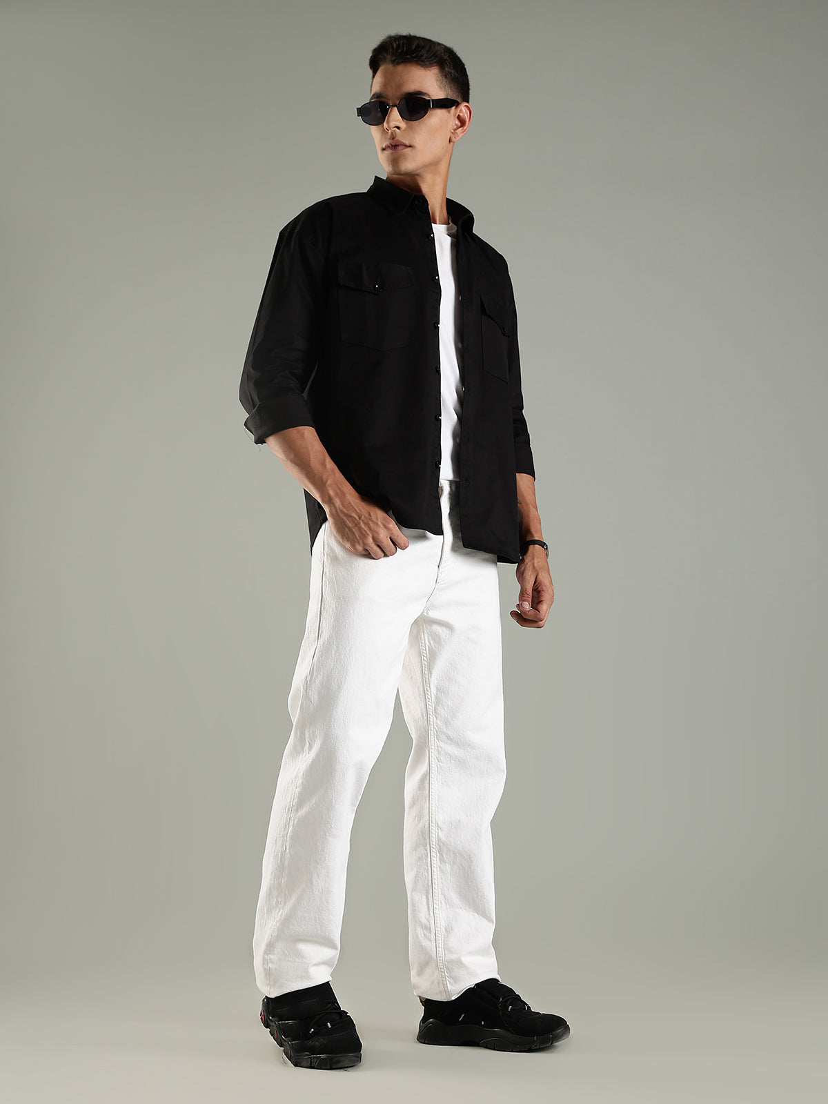 Black Drop Shoulder Double Pocket Utility Shirt Shacket