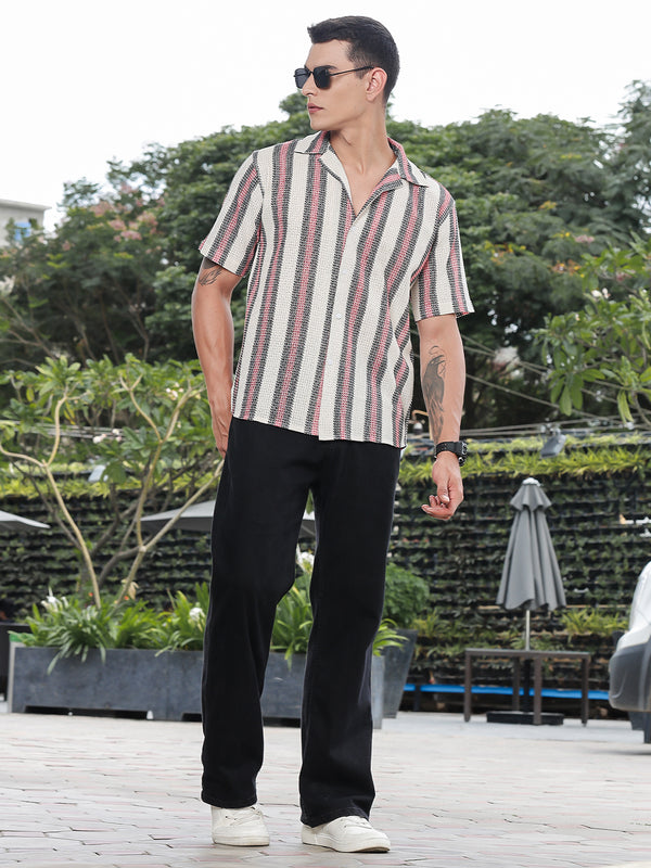 Textured Vertical Weave Relaxed Half Sleeves Shirt