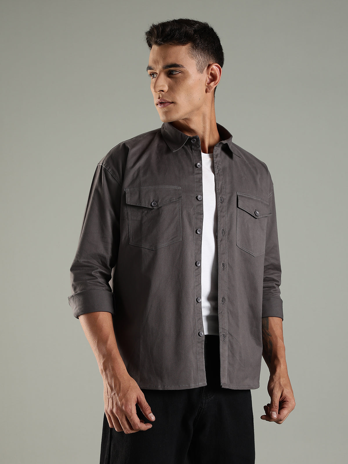 Charcoal Drop Shoulder Double Pocket Utility Shirt Shacket