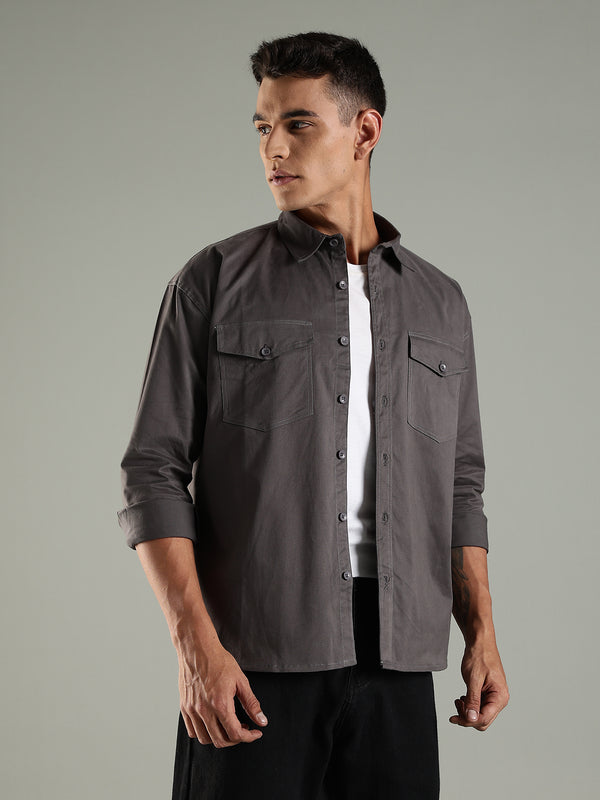 Charcoal Drop Shoulder Double Pocket Utility Shirt Shacket