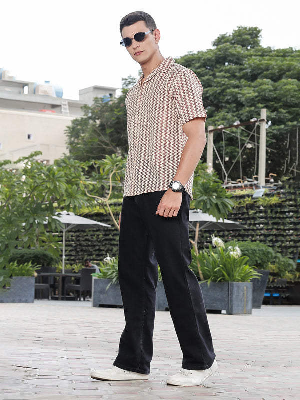 Retro Rust Zigzag Crochet Half Sleeve Shirt