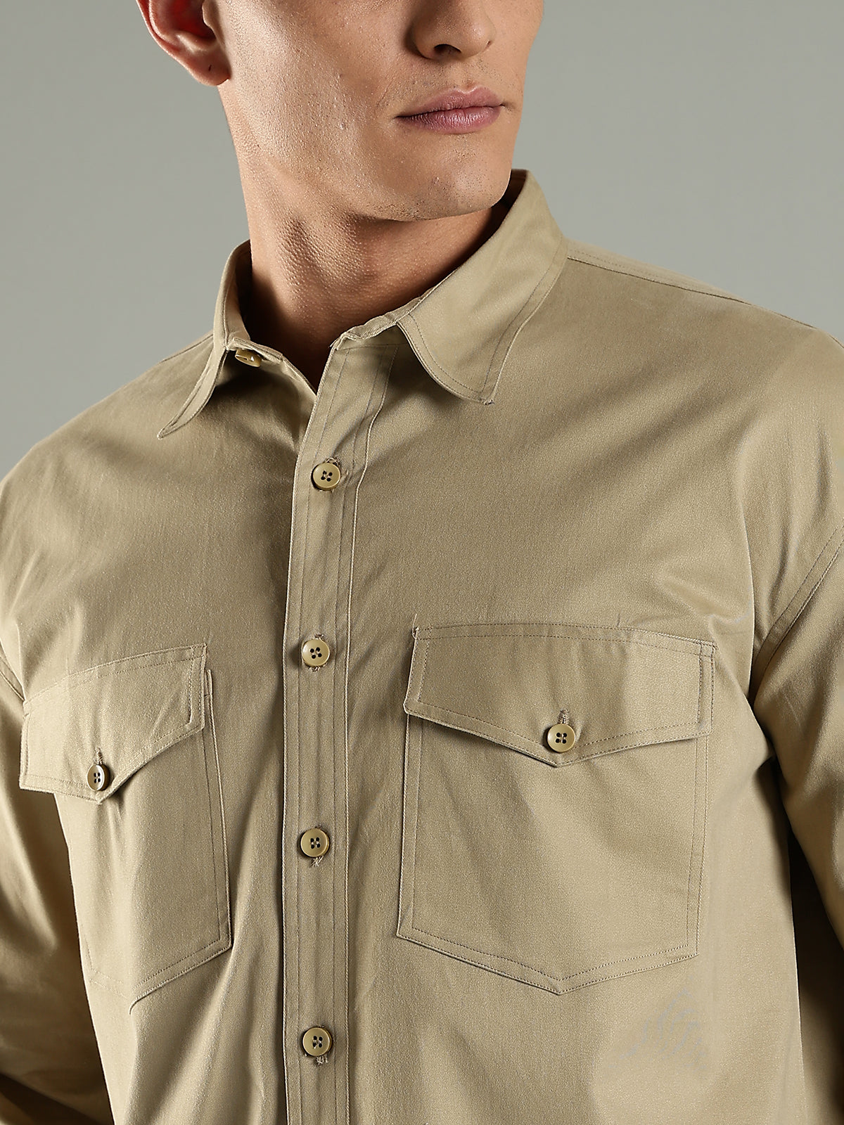Khaki Drop Shoulder Twin Pocket Utility Shirt Shacket