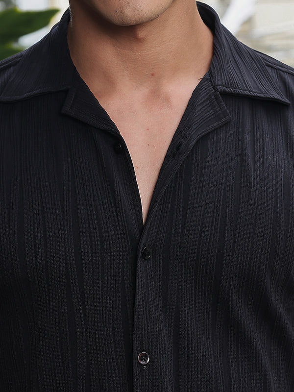 Black Linear Textured Relaxed Fit Half Shirt