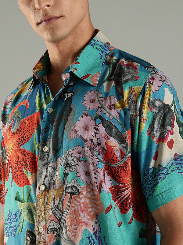 Resort Print Floral Half Sleeves Relaxed Fit Shirt