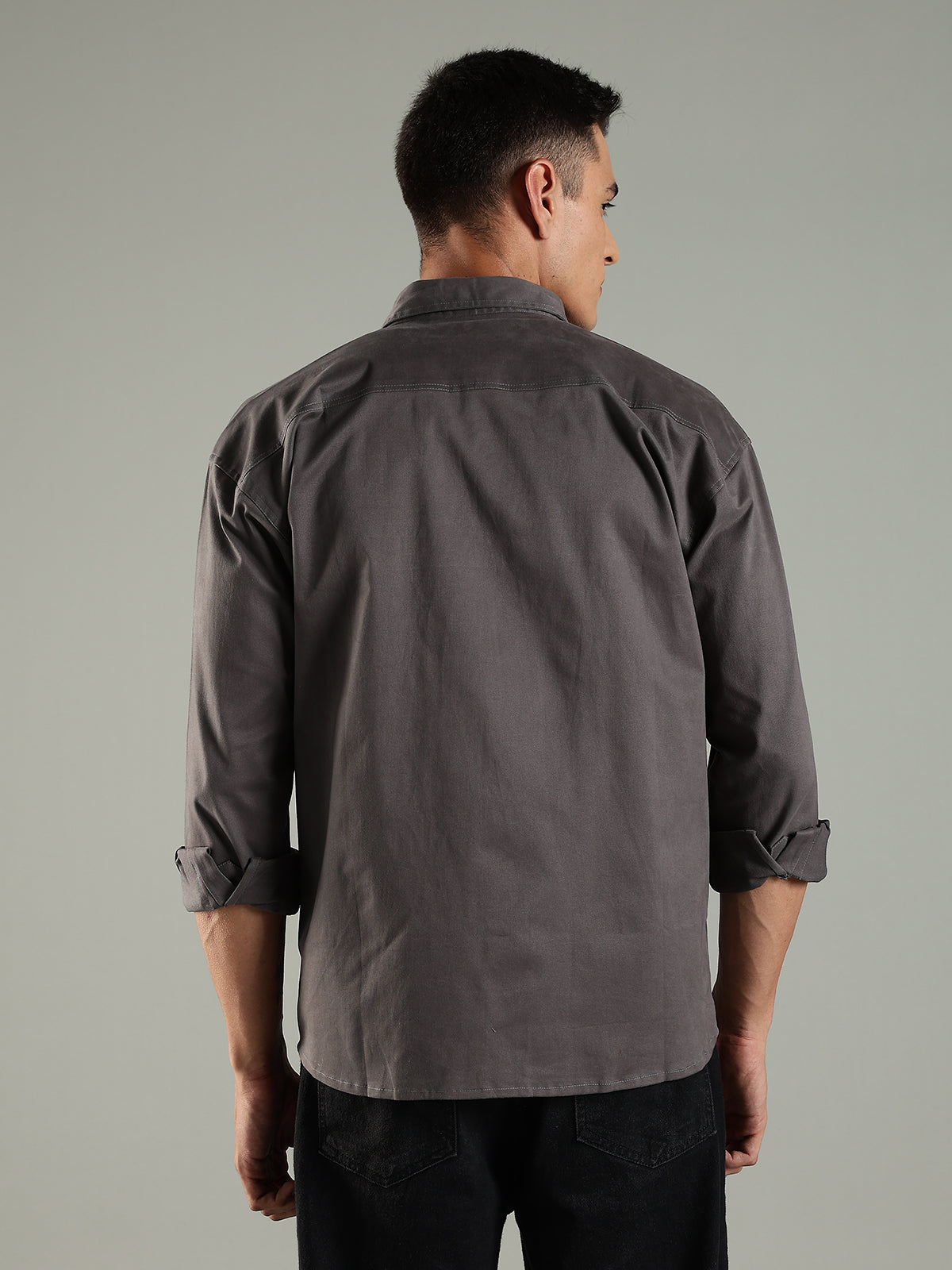 Charcoal Drop Shoulder Double Pocket Utility Shirt Shacket