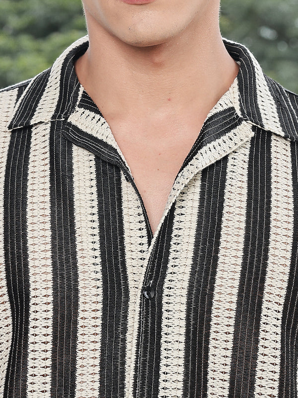 Crochet Stripe Half Sleeve Shirt