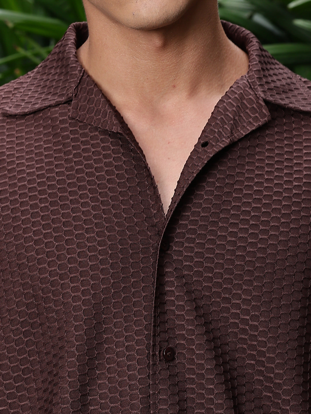 Chestnut Relaxed Fit Textured Half Sleeves Shirt