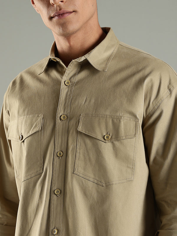 Utility Shirt Shacket & Straight Fit Cargo Pants Co-ord Set - Khaki