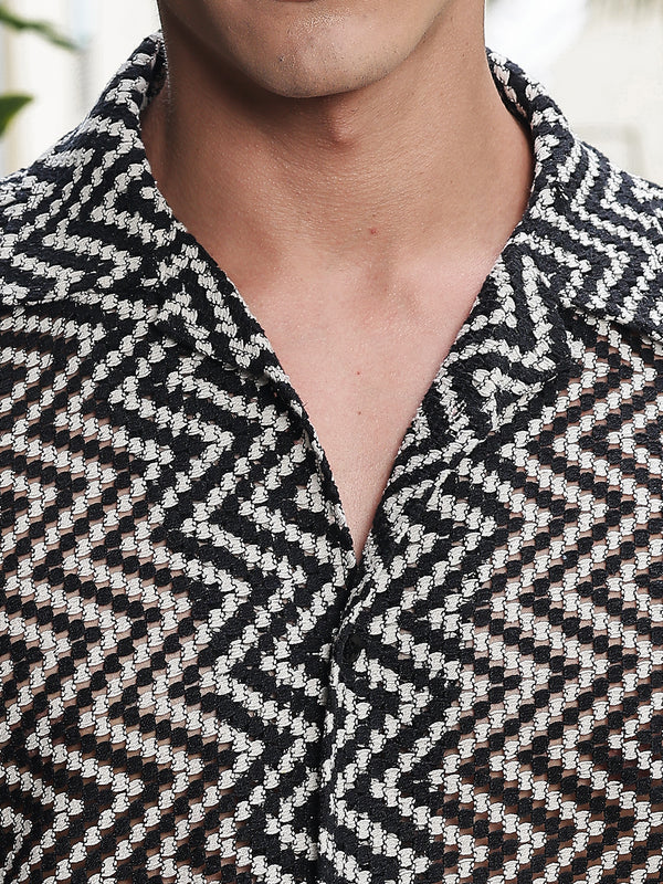Black & White ZigZag Crochet Relaxed Fit Half Sleeves Shirt